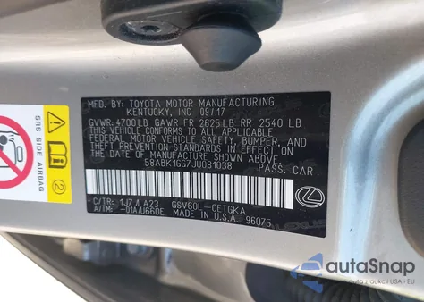 2018 Lexus Es 350 z USA, uszkodzony, nr VIN 58ABK1GG7JU081038